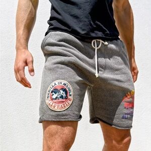 Men's Gray Athletic Shorts with Graphic Patches